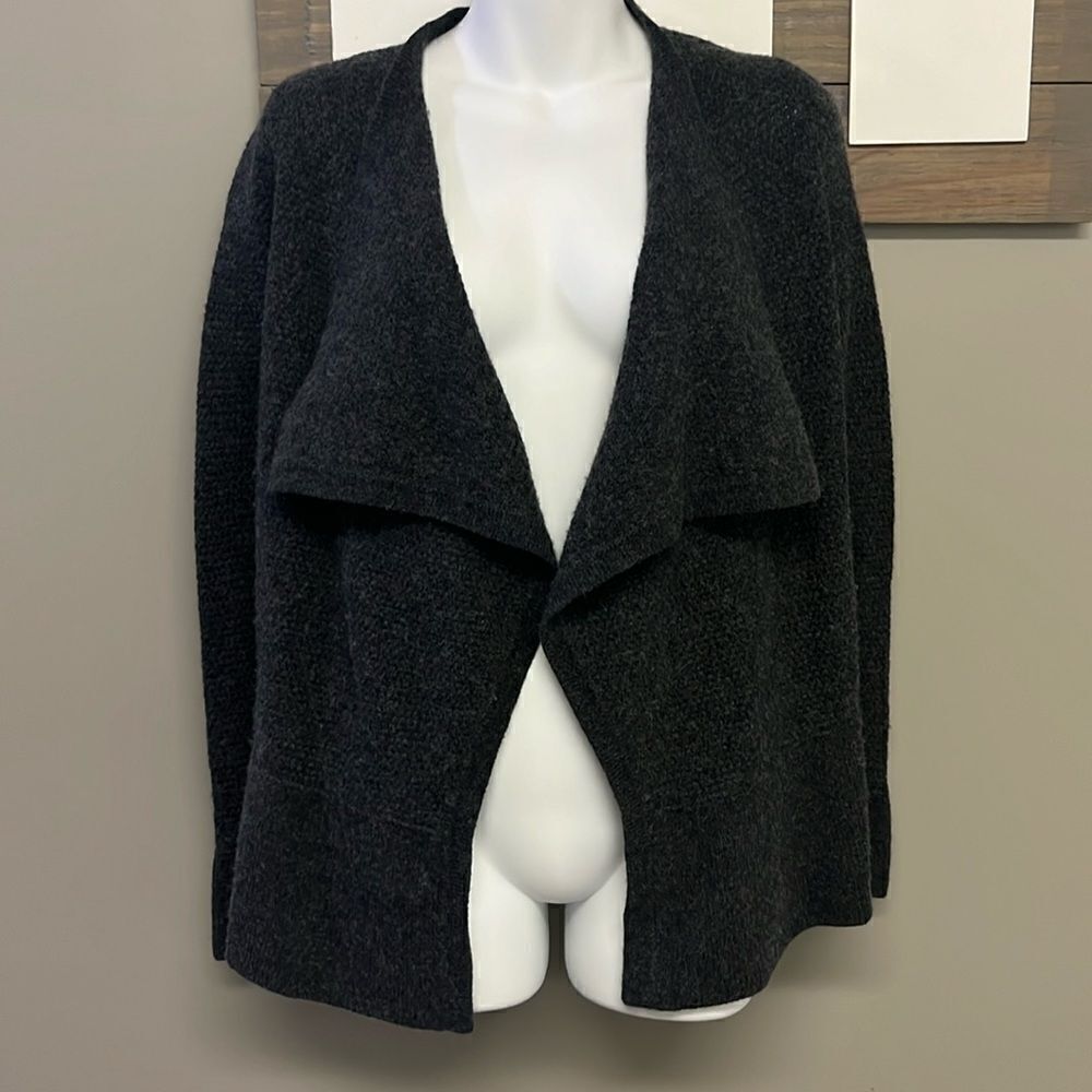 LOFT Heather Grey Cascading Open Wool Blend Long Sleeve Cardigan- Med